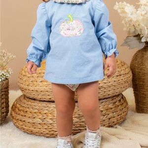 Stitchy Fish Blue Gingham Pumpkin Embroidered Toddler Dress with Bloomers 2T